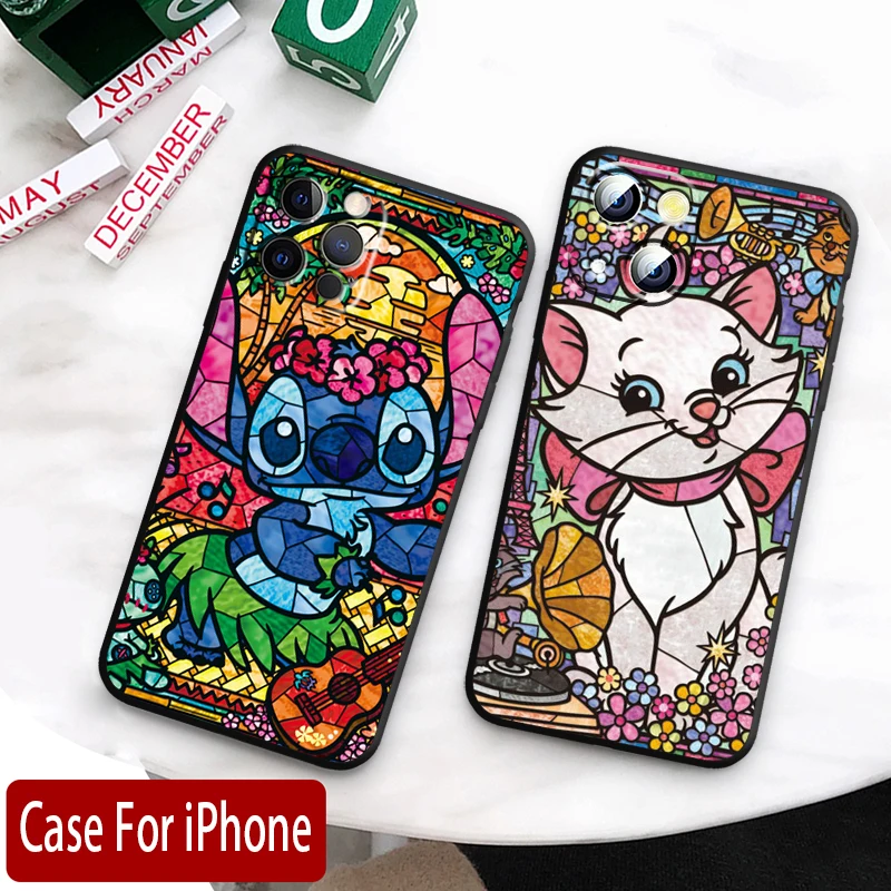 Cute Stitch Mickey Winnie Art Apple iPhone Case For 15 14 13 12 11 Mini XS XR X 6S 6 Pro Max Plus Black Soft Cover