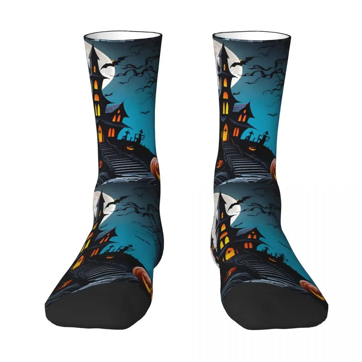 

Spooky House With Ghostly Glow Socks Harajuku High Quality Stockings All Season Long Socks Accessories for Unisex Christmas Gift