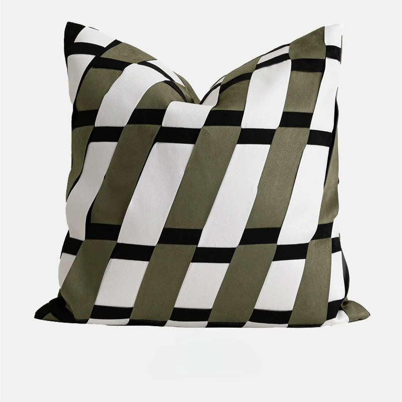 Green Aand White Cushion Cover Diagonal Suede Woven Square Pillow Case Modern Light Luxury Model Room Sofa Pillow Cover