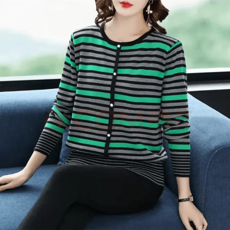 Autumn and Winter Pullover Women Trendy Basic All Match Stripe Round Collar Long Sleeve Button Round Collar Loose Casual Sweater