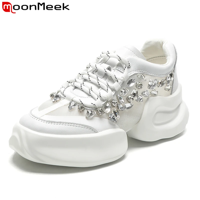 

MoonMeek 2022 Fashion Genuine Leather Shoes Women Sneakers Rhinestone Chunky Sneakers Lace Up White Pink Platform Casual Shoes