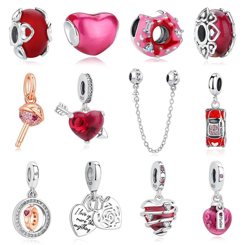 Original 925 prata esterlina encantos amor coração pingente contas caber pulseiras colares jóias femininas presente do dia dos namorados