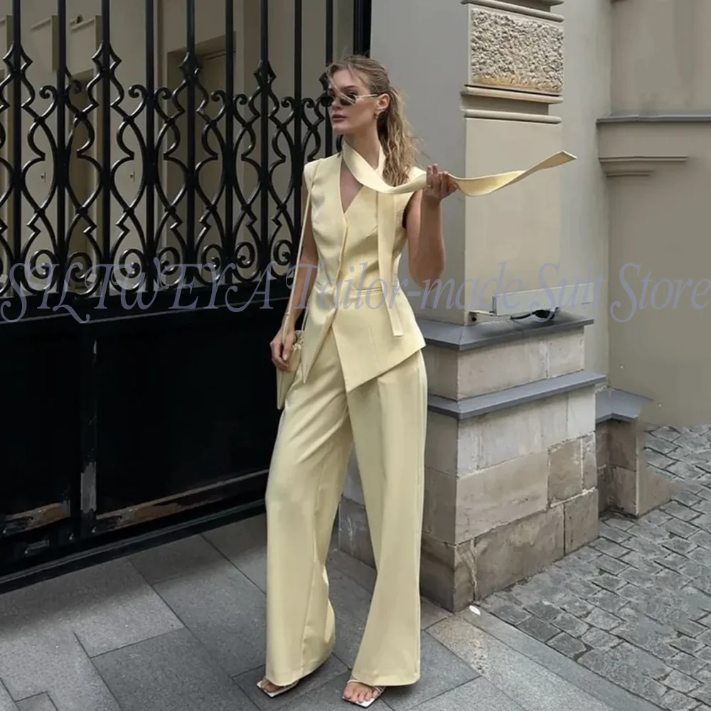 Women's Light Yellow Sleeveless Blazer Set Elegant 2 Pieces Single Breasted Chic Suit Smart Casual Vest Pants Female Suits