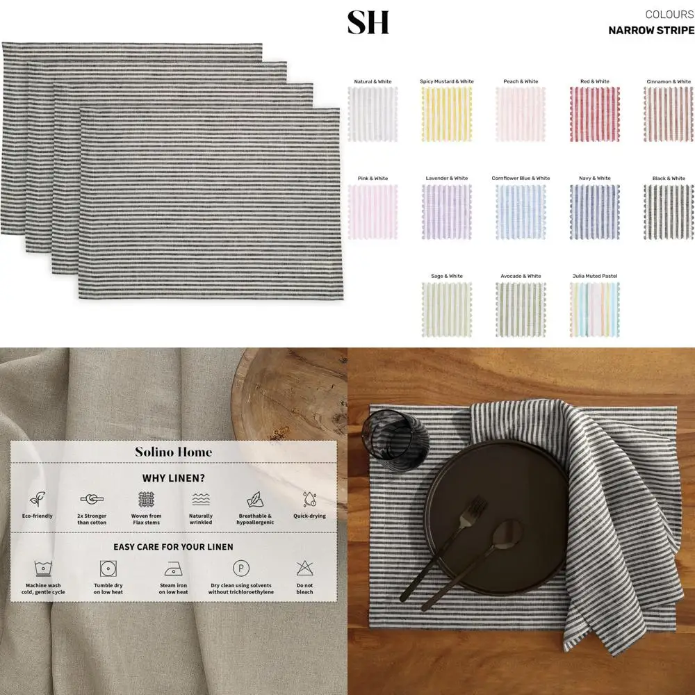 

Pure Linen Placemats Set of 4 - Black and White Striped, 14x19 Inches, Ideal for Fall Dining and Entertaining