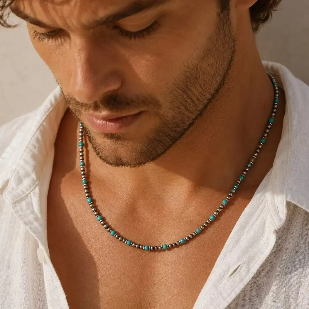 Synthetic Turquoise Necklaces for Men Boys,Natural Stone Mini Beads Necklaces,Summer Beach Bohemian Male Jewelry Gift
