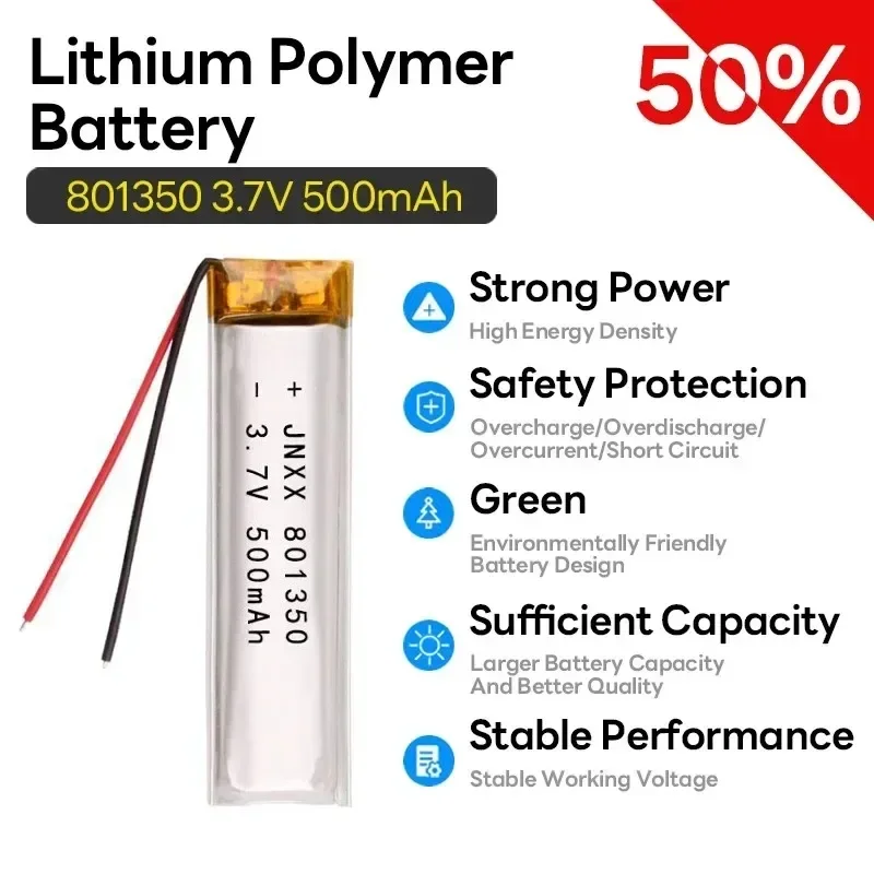 แบตเตอรี่ลิเธียมโพลิเมอร์3.7V 801350 500mAh พร้อมบอร์ดป้องกันใช้สำหรับแปรงสีฟันไฟฟ้า kipas angin Kecil ชุดหูฟังบลูทูธ