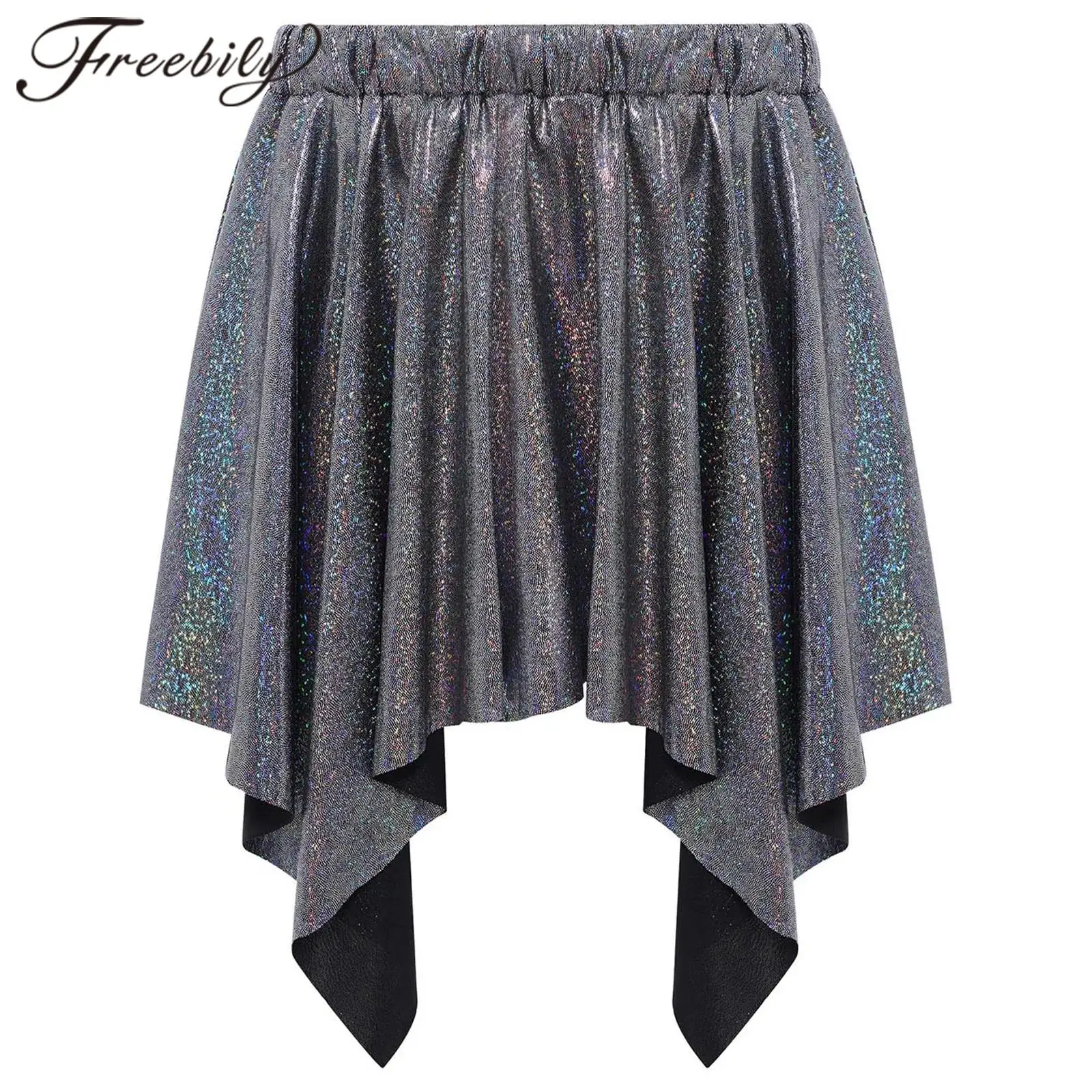 Child Cheerleading Dance Skirt Kids Girls Metallic Mini Skirt Irregular Ruffled Asymmetrical Skirts Costume Cheer Dance Costume