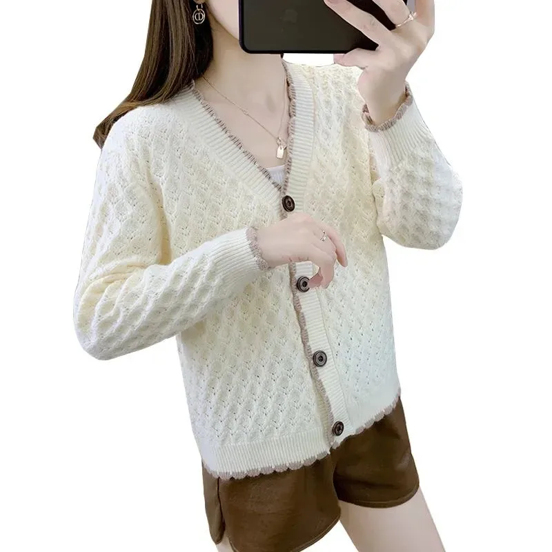 Xiaoxiangfeng-Casaco cardigan de malha fina para mulheres, suéter decote em v, jaqueta solta, casaco coringa, coreano, feminino, primavera, outono, novo, 2024