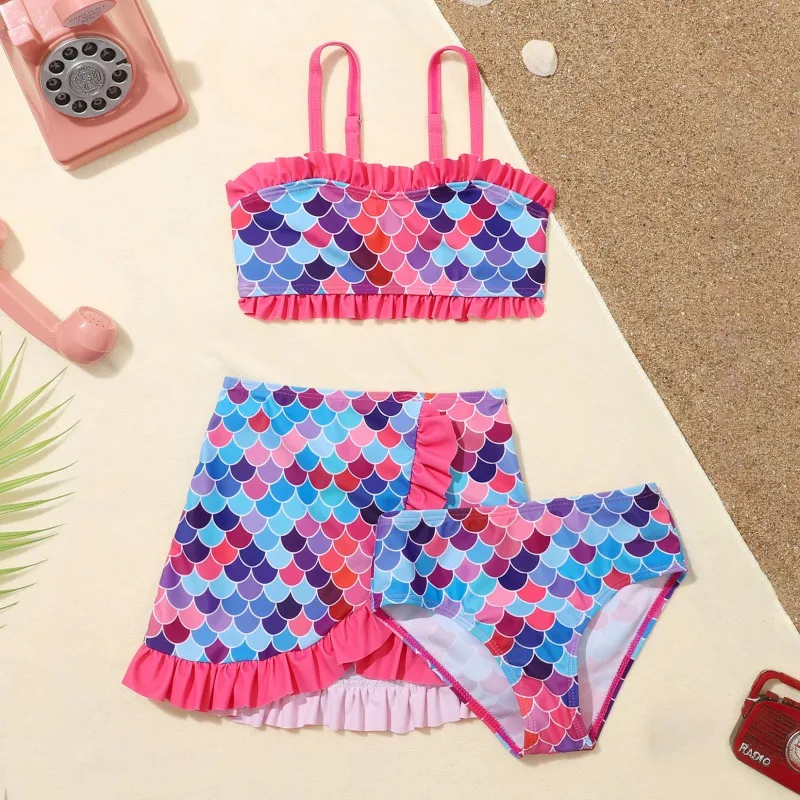 Baby Girls Swimwear Swimsuit Summer Kids Fish Scale Print Bikini Tops Underpants Ruffles Skirt Swimwear Baby Bathing Suit Wraps