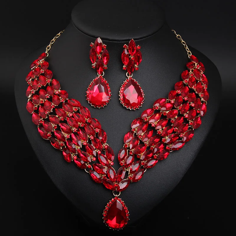 Acessórios DIY: Conjunto de colar e brincos de rubi europeu e americano, acessórios femininos exagerados para noivas, vestidos de festa e banquetes, fabricação de acessórios.