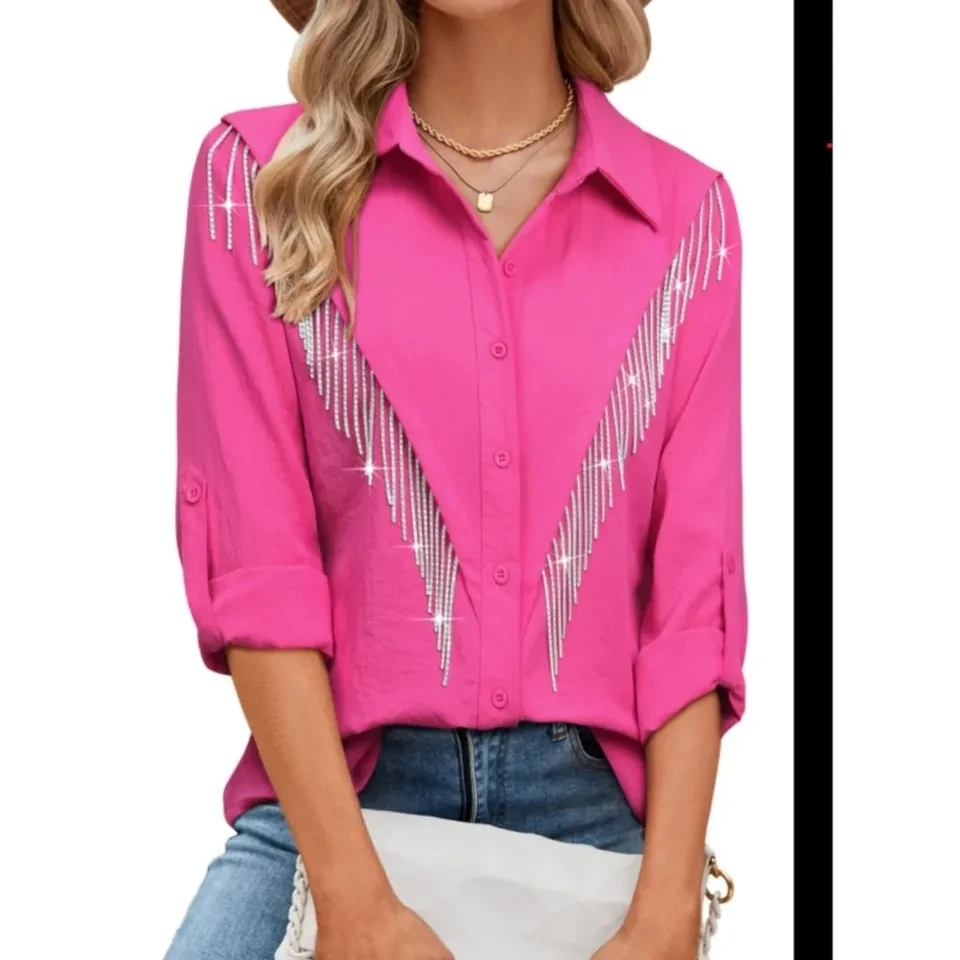 

Fashion Sparkling Rhinestone Fringe Button Women's Shirt Spring Summer New Casual Loose Simple Female Office Long Sleeve Shirt