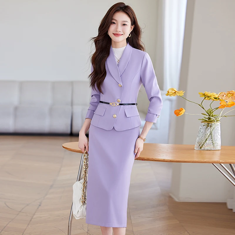 

Luxury Small Fragrance Purple Blazer Set Skirt Women 2024 Fall Office Lady Career Commuter Elegant 2 Piece Set Black Crop Jacket