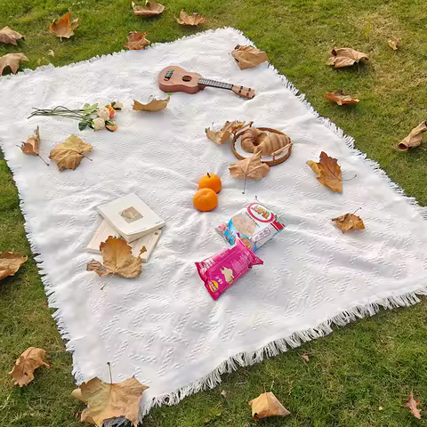 Bohemian Style Outdoor Picnic Mat with Tassel Camping Blanket T-Grid Tablecloth for Festival Parties Decor Spring Outdoor Picnic