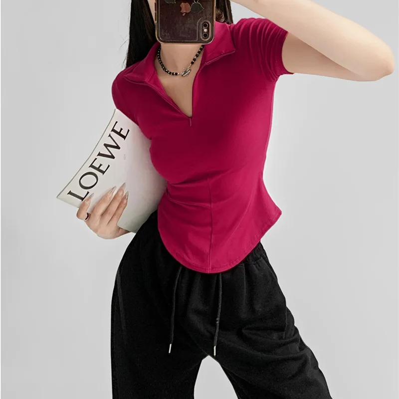 

Pure Desire Spicy Girl Red Top Women Spring Summer Turn-down Collar Slim Fit Short Sleeve Top Slimming Solid Color Elastic Waist
