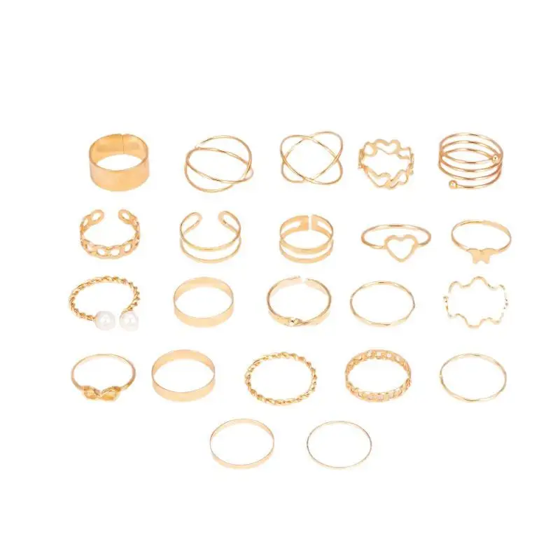 Stackable Gold Plated Alloy Ring Set 22 PCS Unique Heart Butterfly Pearl Designs Dainty Jewelry for Women Christmas Gift Her