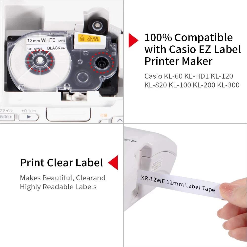 Compatible Casio KL-120 KL-60 KL-100 KL-170 Label Maker 6/9/12mm XR12WE Label Tape for Casio XR-12WE XR-9WE XR-6WE Cartridge