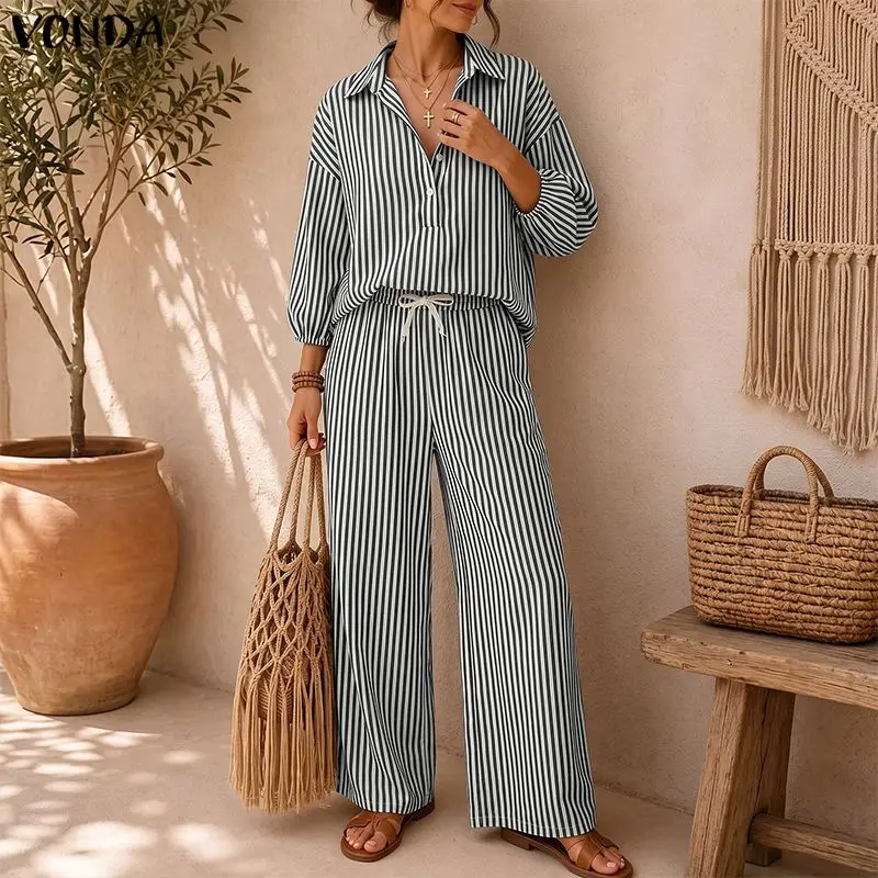 VONDA Casual Summer Vacation Suits Two Piece Striped Outfit Women 3/4 Lantern Sleev Lapel V-Neck Blouse Wide Leg Pant Sets