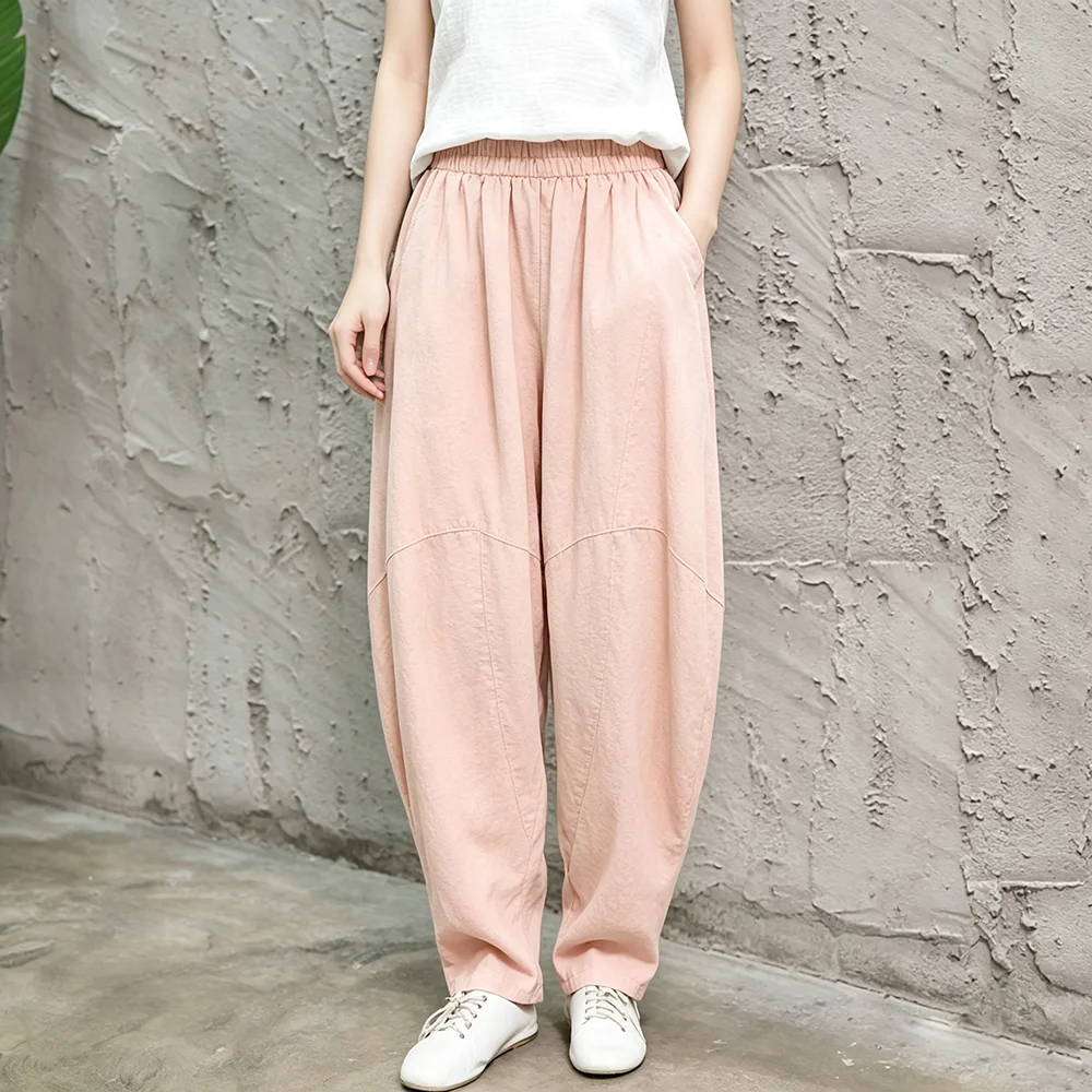 Women Linen Lantern Harem Pants Elastic High Waist Loose Spliced Baggy Trousers With Pockets Casual Oversized Wide Leg Pants Fle