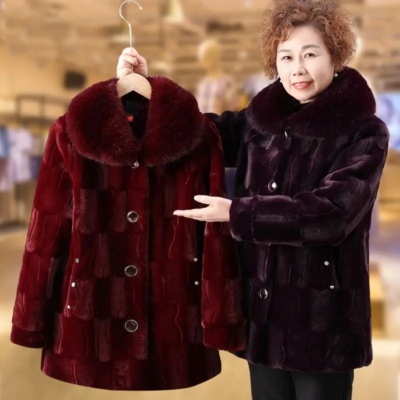 

Grandma's Winter Jacket New Imitation Mink Fur Coat Mid Length Elderly Mother Add Velvet Thicken Warm Parkas Women Overcoat 6XL