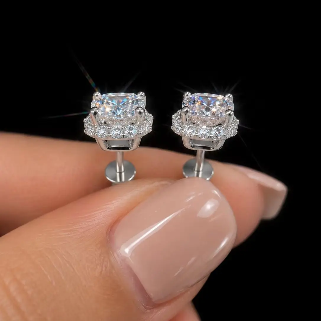 Ein Paar 925 Silber Ohrstecker für Damen, mit 1-Karat Moissanit-Steinen – Geeignet für den täglichen Gebrauch. – Detail 4