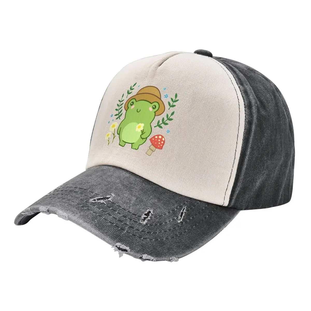 Cute Green Frog with Gardener Hat - Mushroom Flower Blossoms Plants Kawaii Aesthetic - Funny Cottagecore Froggy Nat Baseball Cap