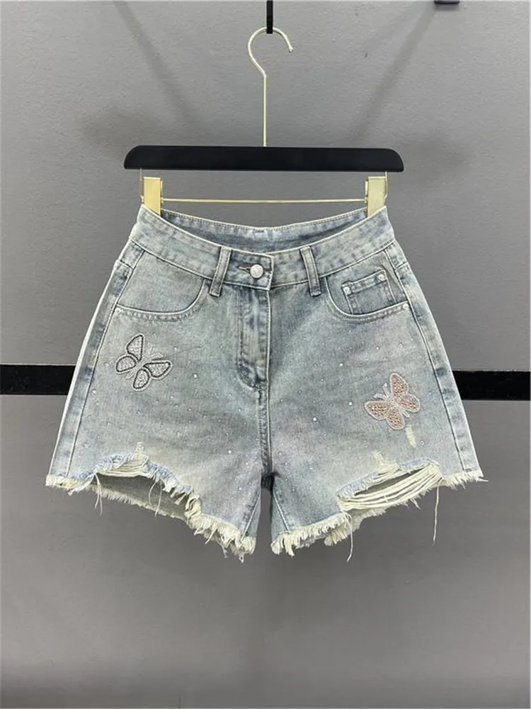 Women's Short Jeans Heavy Butterfly Hot Drill Tassel Loose Wide Leg Luxury Denim Shorts 2024 Summer Fashion Shorts