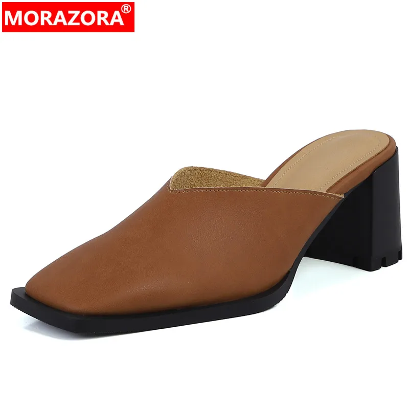 

MORAZORA 2024 New Sheepskin Leather Mules Slippers Women Top Quality Ladies Casual Shoes Thick High Heels Platform Slippers