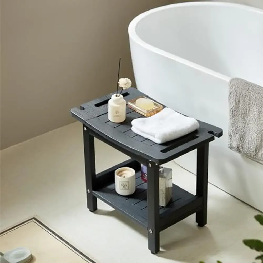 Siège de tabouret de douche étanche durable avec étagère de rangement, mains courantes, support de pommeau de douche, facile à atteindre, design fin