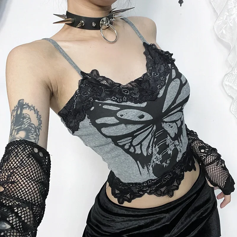 ISAROSE Sexy Lace Crop Tops for Women Gothic Steampunk Skull Butterfly Printed Spaghetti Straps Backless Contrast Color Camisole