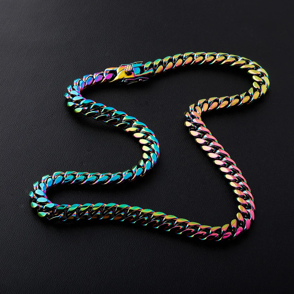 

316L Stainless Steel Colorful Cuban Chain Necklace Bracelet Fashion Jewelry Set For Men Hip Hop Party Gift Accessories