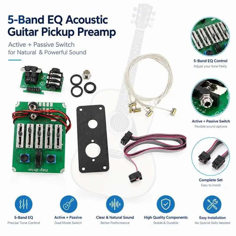 ABVE-5-Band EQ Acoustic Guitar Preamp Pickup System Active Passive Switchable Piezo For Enhanced Sound & Easy Installation