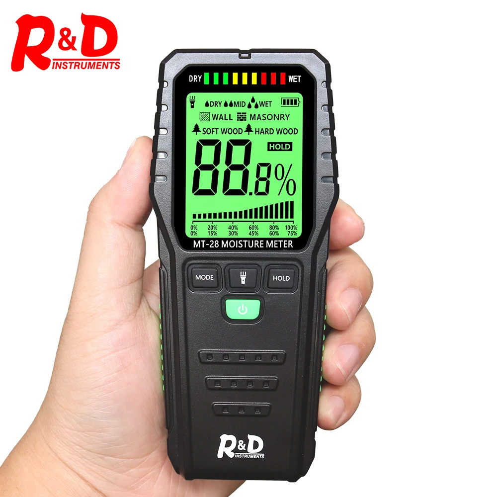 R&D MT28 Wood Moisture Meter Humidity Tester Digital Timber Damp Detector Test wall moisture analyzer Range 5%~75%