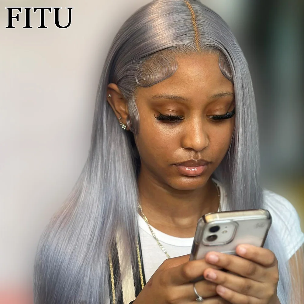 

FITU Grey Transparent 13x6 13x4 Lace Frontal Human Hair Wig 613 Colored Plucked With Baby Hair 5x5 Lace Closure Wig