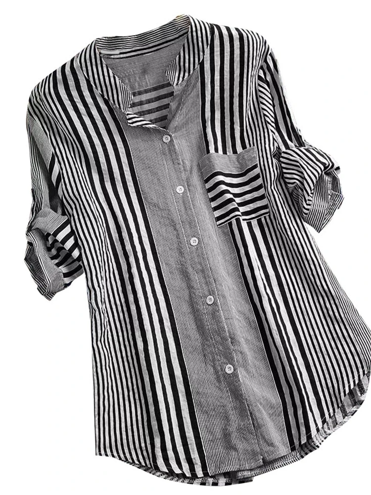 

Women's V-Ne Striped Long Sve irt Casual Sle Polyester Fabric Slim Fit irt for Young Women Autumn Faion