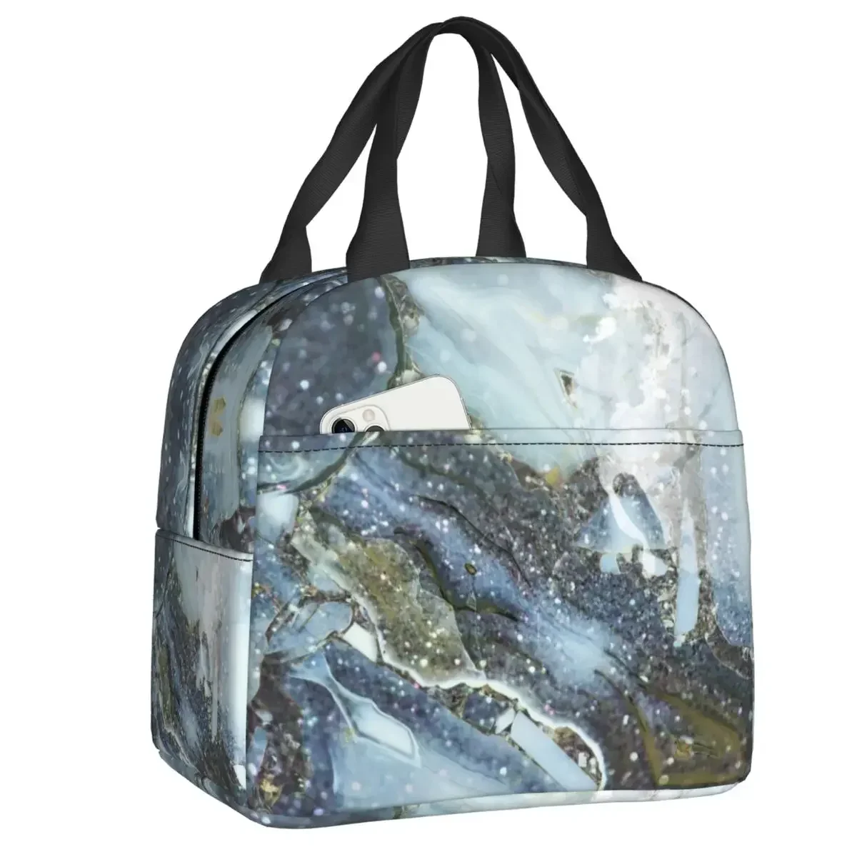 

Сине-серые блестящие Агатовые термоизолированные сумки для обеда, Женская мраморная сумка для обеда, для кемпинга на открытом воздухе, путешествий, стандартная