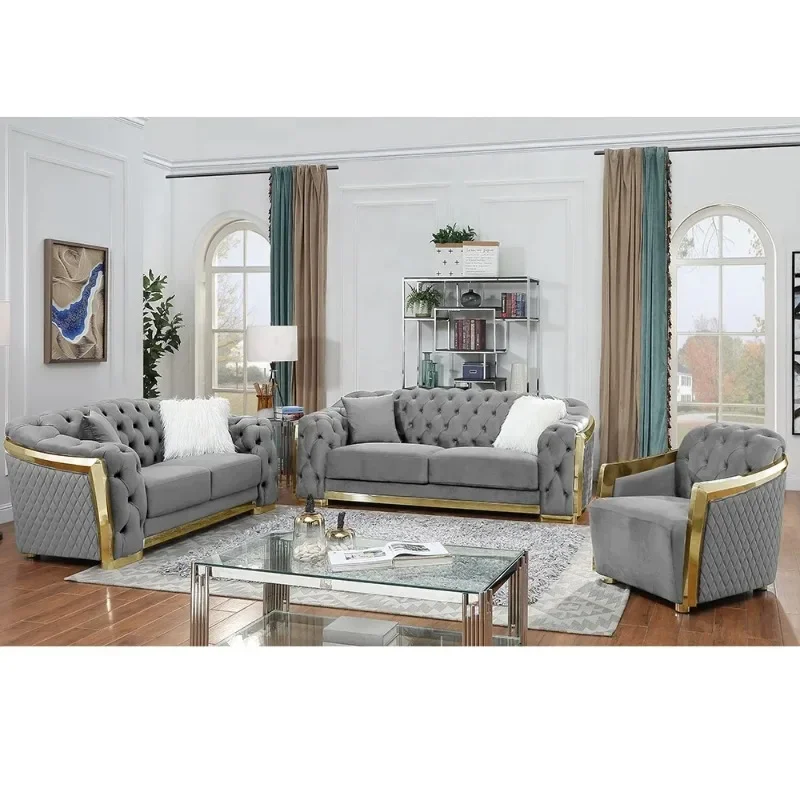 Furniture FactoryHot Sale Modern Velvet Sectional Sofa  Set Furniture Chesterfield 1+2+3 Sofa Velvet Living Room