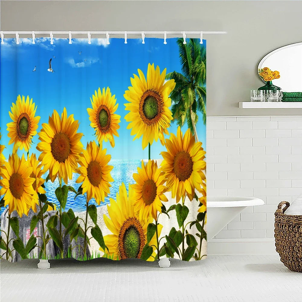 Waterproof Shower Curtain For Bathroom Nature Flowers Sunflower Print Bathtub Curtains Polyester Bathroom Curtain with Hooks