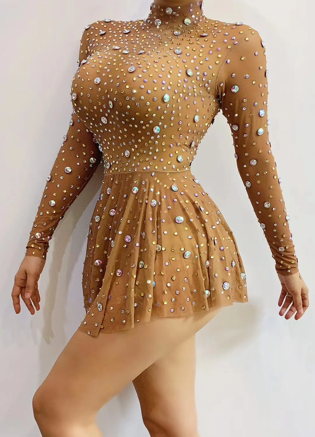 Nightclub Party Rhinestones Prom Birthday Celebrate Dress Transparent Short Dresses for Women Dancer Show High Collar Outfit