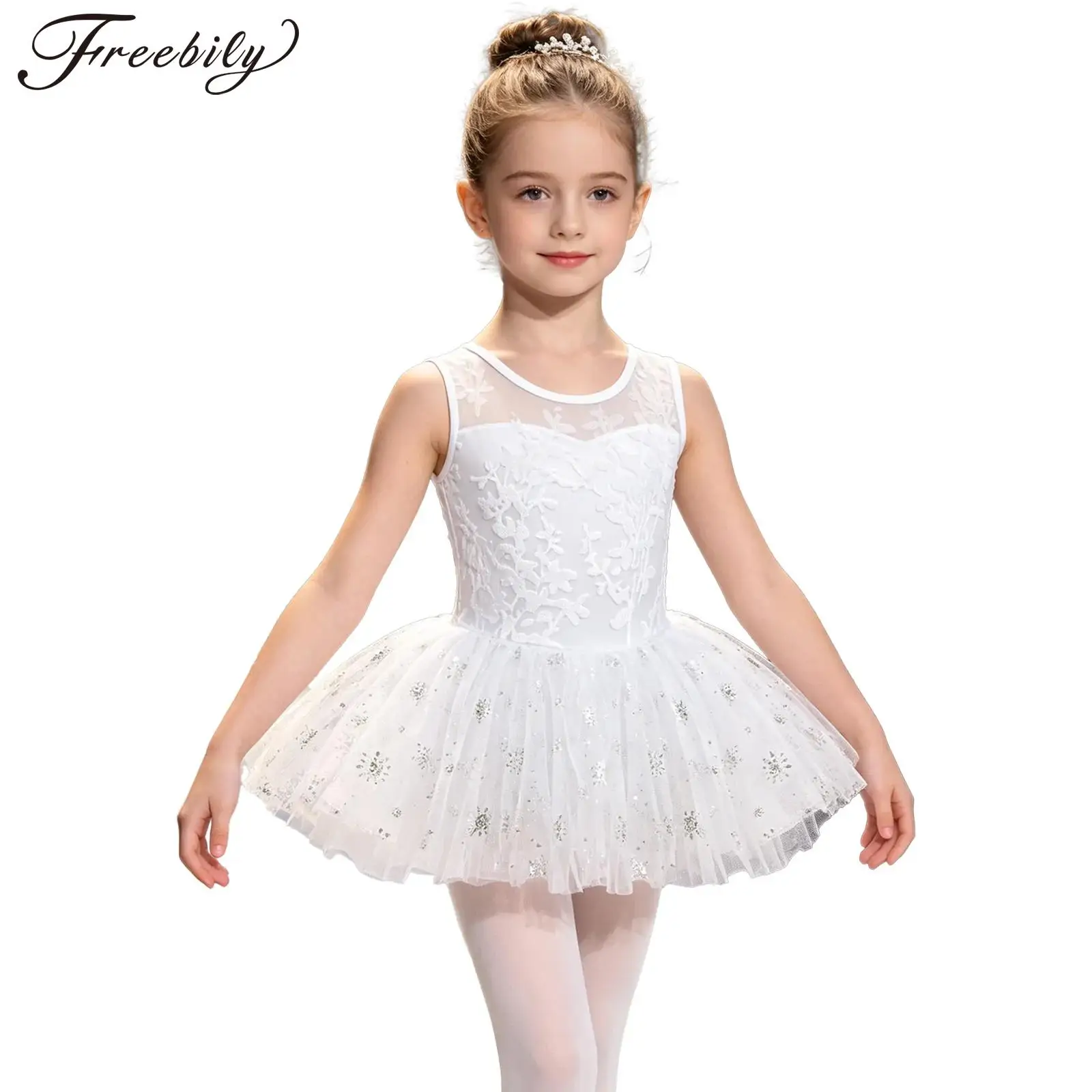 

Teen Girls Ballet Leotard Sleeveless Jacquard Mesh Bodysuit with Tulle Skirt Ballerina Dance Gymnastics Yoga Training Costume