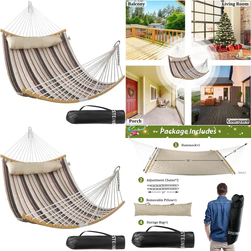 

11FT Quilted Double Hammock with Pillow, Folding Bar, Chains, Carry Bag, 450 lbs Capacity, Havana Brown for Indoor & Outdoor Use