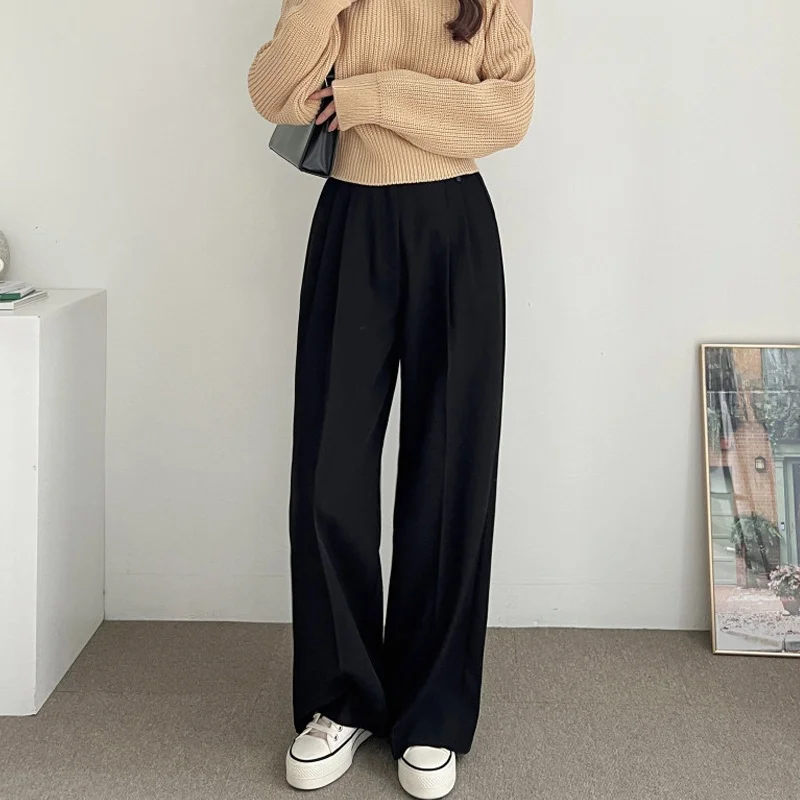 하이웨이스트 여성 정장 바지 한국 스타일 디자인 감각적인 와이드 레그 팬츠 봄 신상 캐주얼 바지