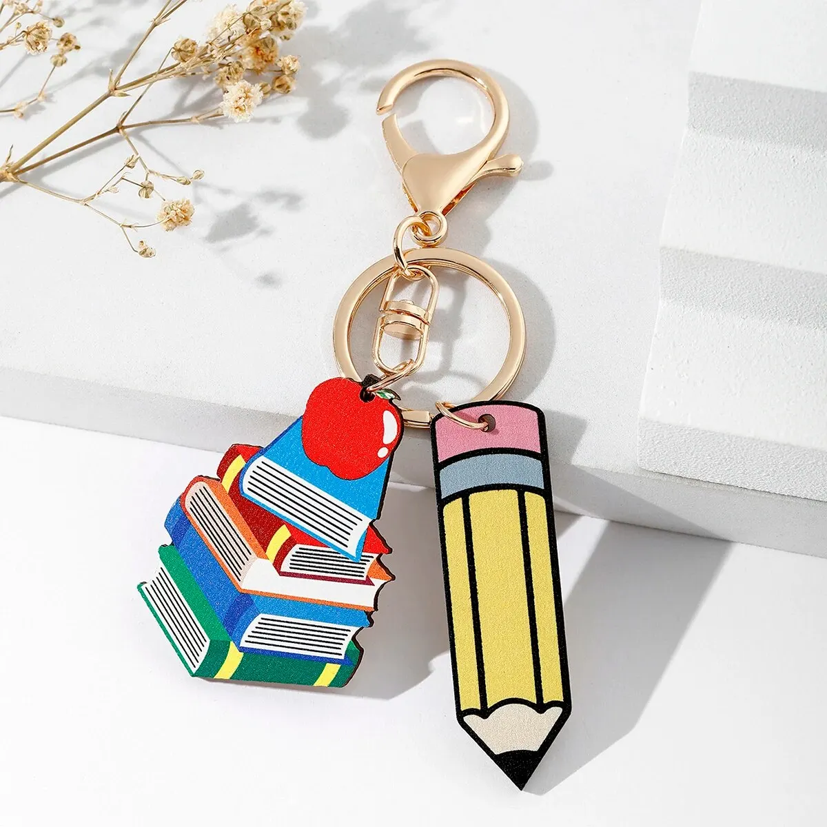 1Pc Fashion Personalized Creativity Teacher Keychain Rainbow Colorful Geometric Shape Pen Shape Teacher Wood Brand Keychain Bag