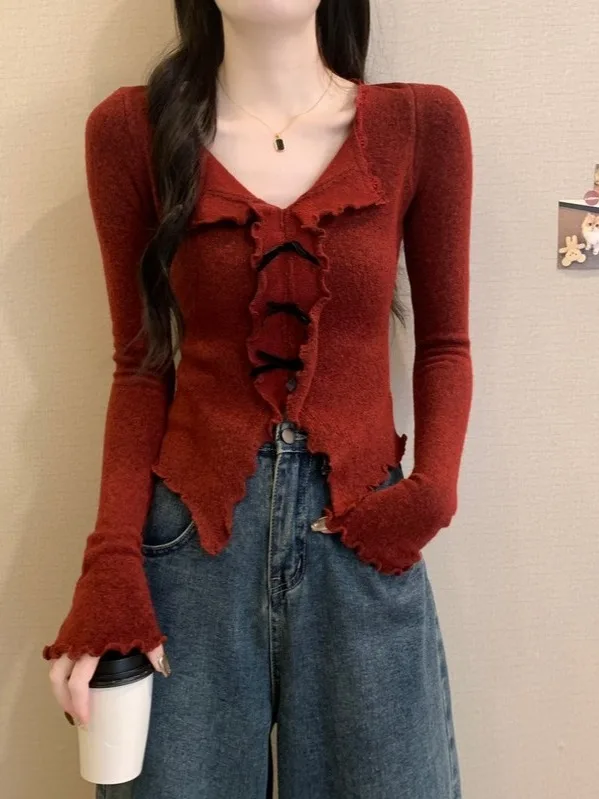 

Ankang Red V-Neck Long Sleeve Base Shirt Women's Spring Fashion Inner Wear New Year's Sweater Year 2026 Miu Top