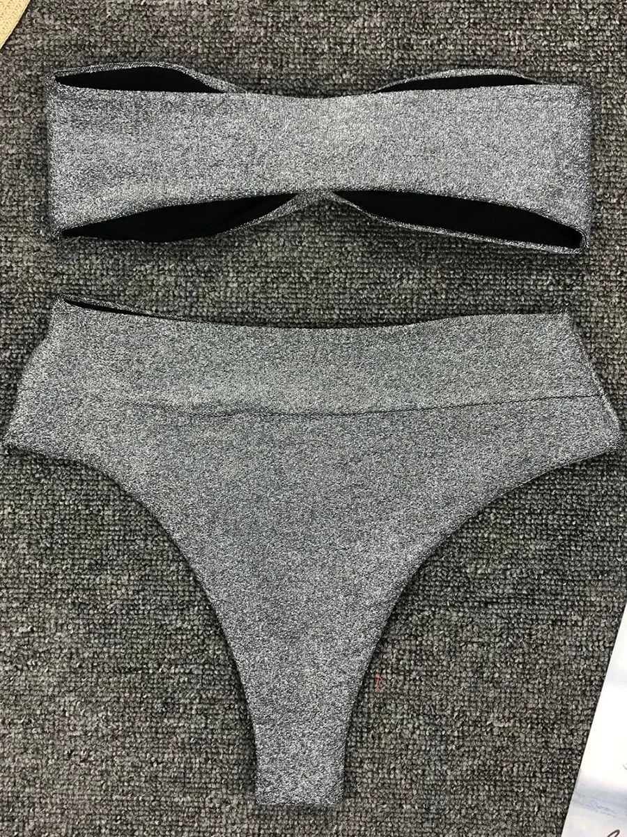 Glänzender, glitzernder, funkelnder Bandeau-Badeanzug für Damen, Bikini mit hoher Taille, 2025, sexy Badebekleidung für Damen, zweiteiliger