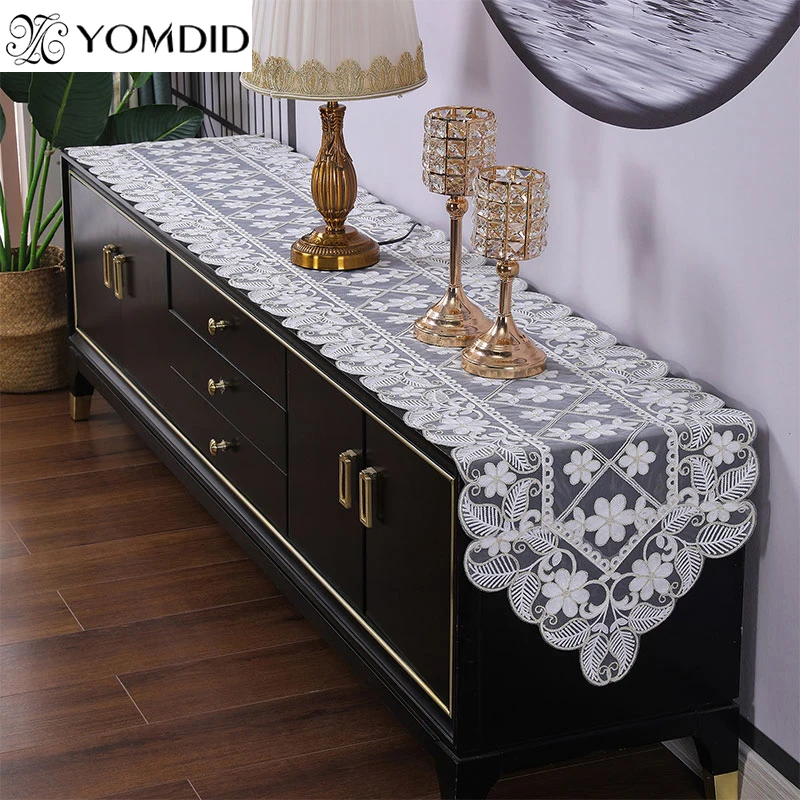 YOMDID Lace Table Runner Embroidered TV Cabinet Tablecloth Dresser Table Flag Dust Cover For Wedding Christmas Table Decoration