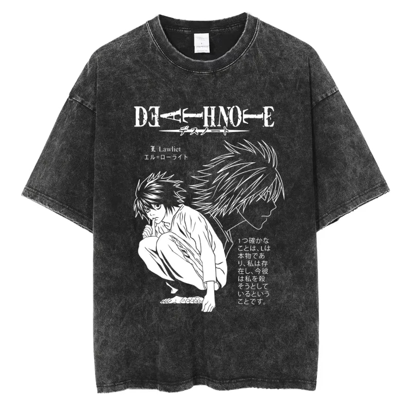 Mode Streetwear Unisex Top T-Shirt Harajuku Vintage Washed T-Shirts Death Note Anime Grafik-Druck Shirt Übergroße Baumwolle – Detail 5