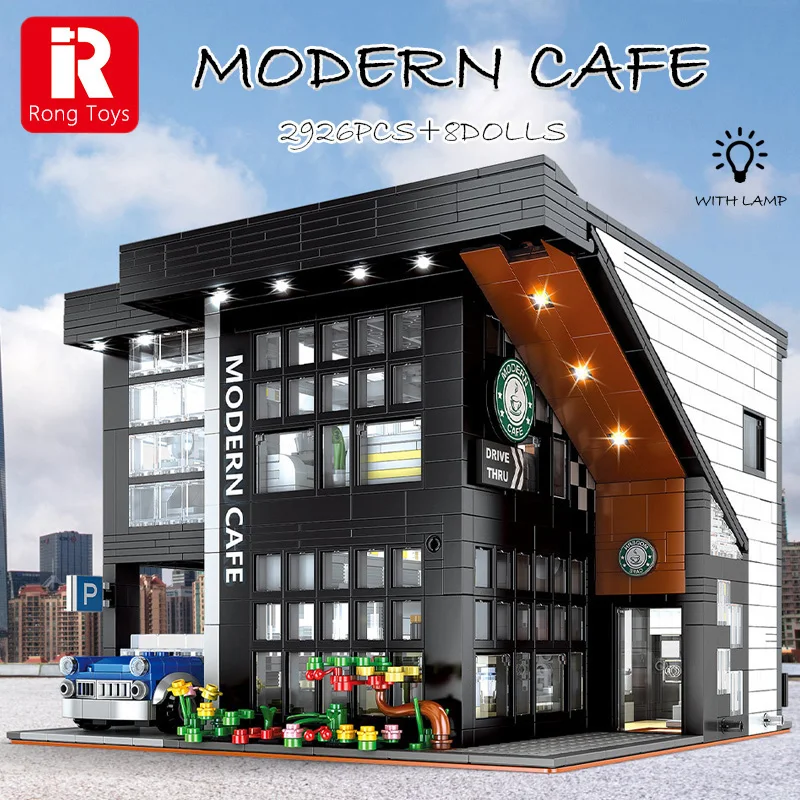 City Architecture Coffee Shop Building Blocks Creative Modular Street View House Bricks Toys With Lights Cafe Construction Set