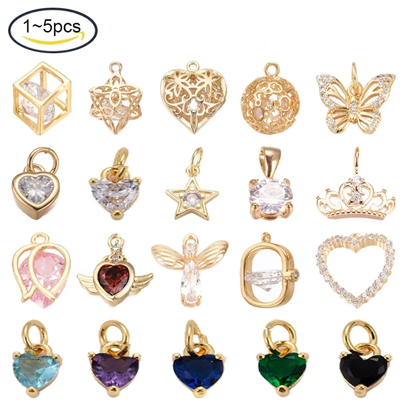 

1PC-5PCBrass Cubic Zirconia Charms Real 18K Gold Plated Cube Heart Butterfly Ball Round