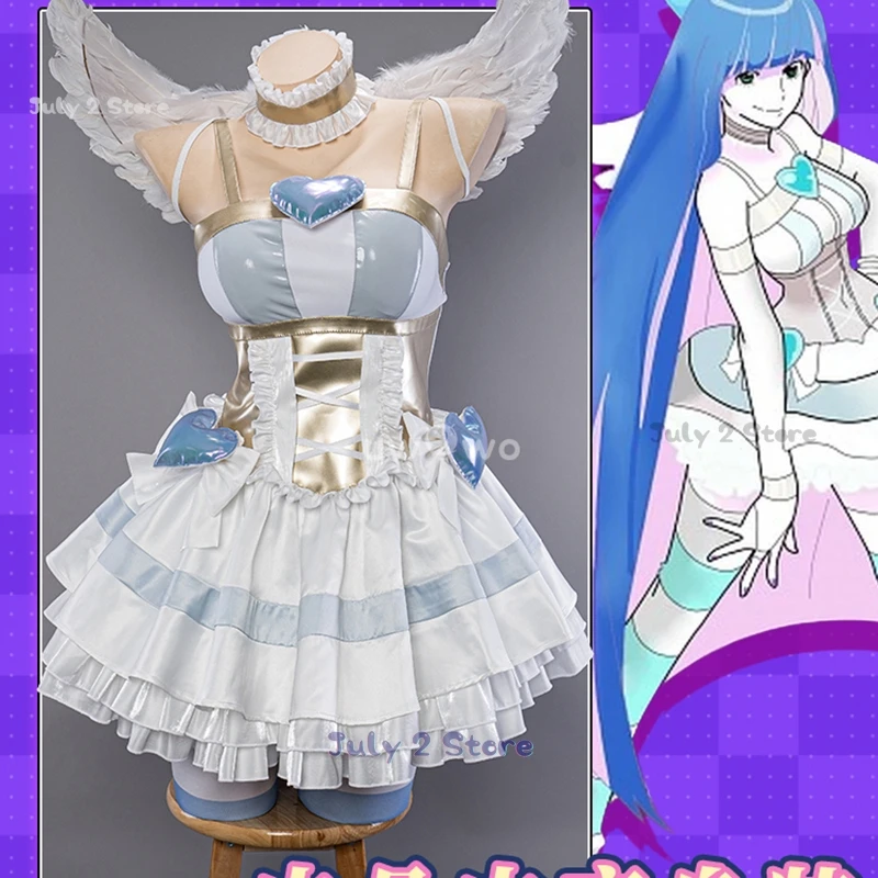 Anime Panty & Stocking Anarchy with Garterbelt Cosplay Costume Lolita Fancy Dress Angel Wing Gown Halloween Party Clothes Outfit