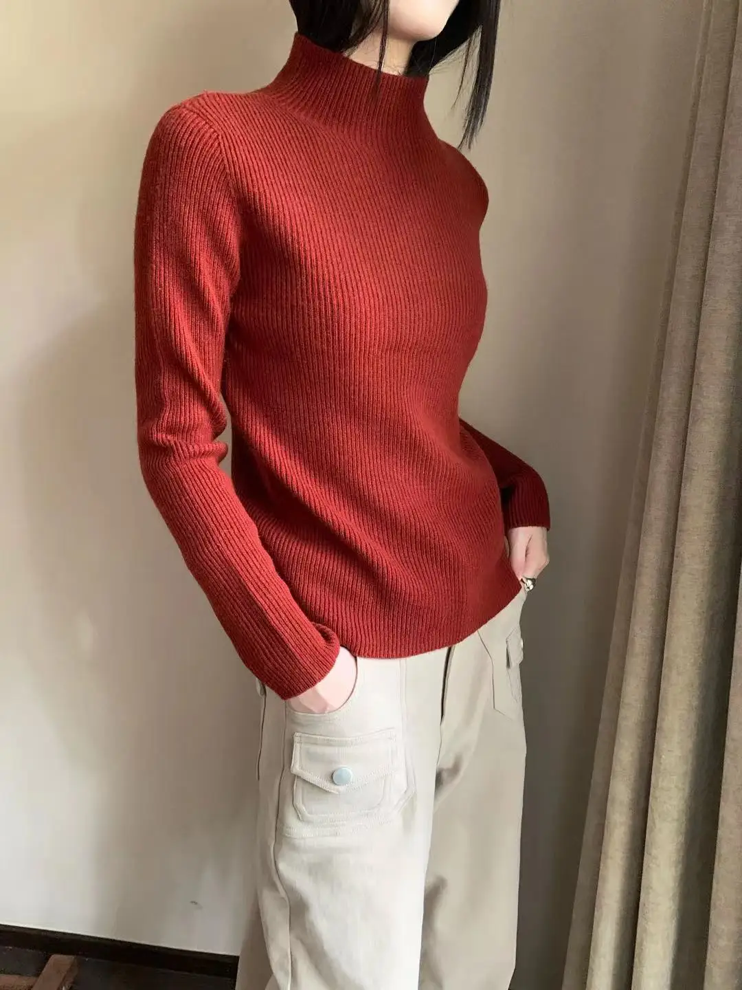 

Soft Breathable Full Wool Long Sve Knitted Sweater Slim Fit Korean Sle Commute Faion Ladies' Premium Quali Autumn Wi...